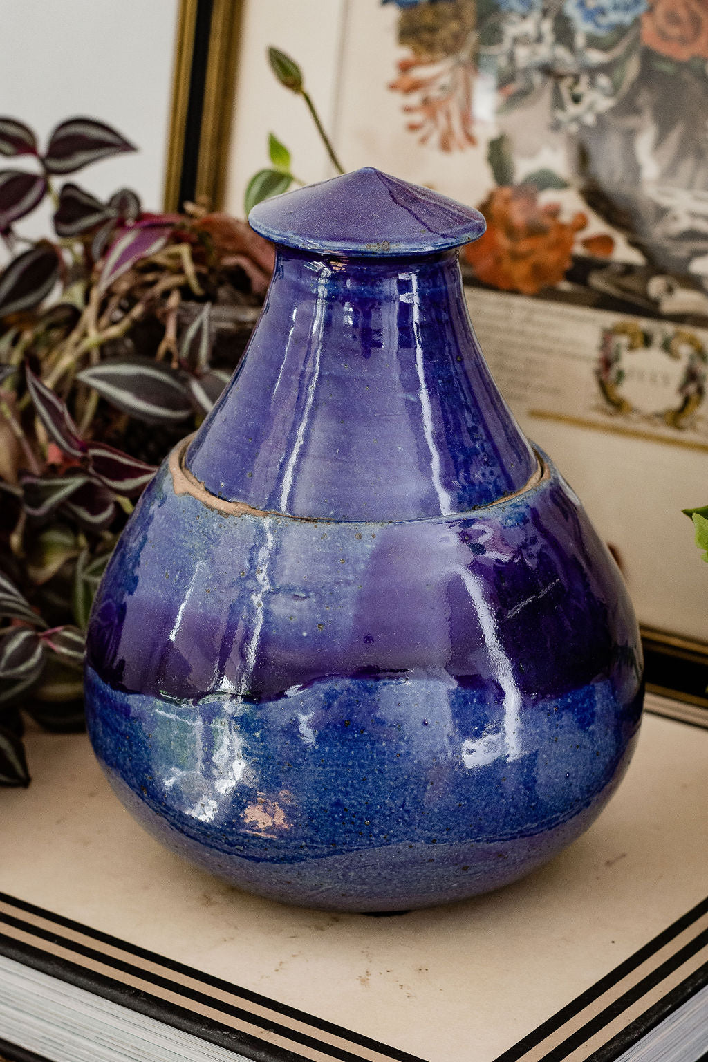 blue pottery volcano glazed MCM mid-century modern highest quality products small business woman-owned ethical fragrance small batch floral citrus unique relic vessel luxury vintage rare candle non-toxic safe non-carcinogenic vegan wax apricot coco coconut special gift ethical home decor recycled reuse repurpose eco friendly heirloom